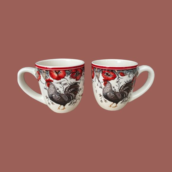 Susan Winget Cracker Barrel Rooster Mug Set x2 Red Poppy Farmhouse Country - Picture 1 of 6